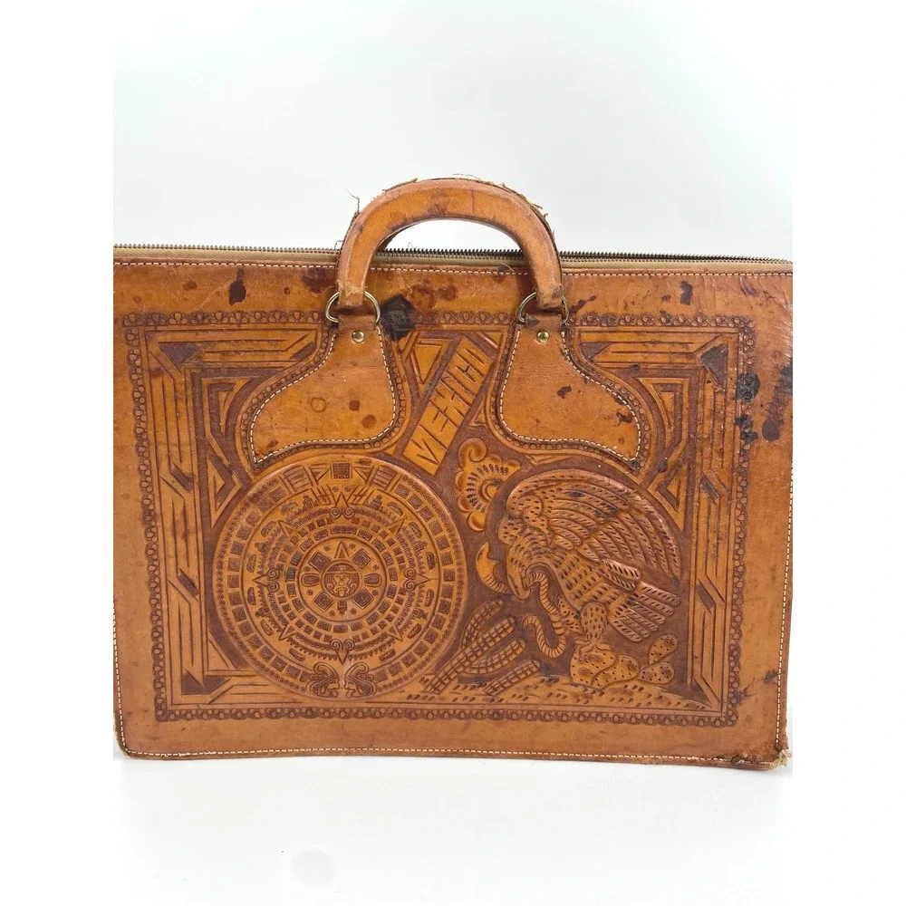 Vintage Mexican Hand Tooled Leather Briefcase - Aztec Sun Stone & Eagle -‎ As-Is